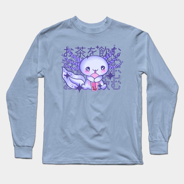 Kawaii Axolotl Drinking Bubble Tea Long Sleeve T-Shirt by Bruno Pires